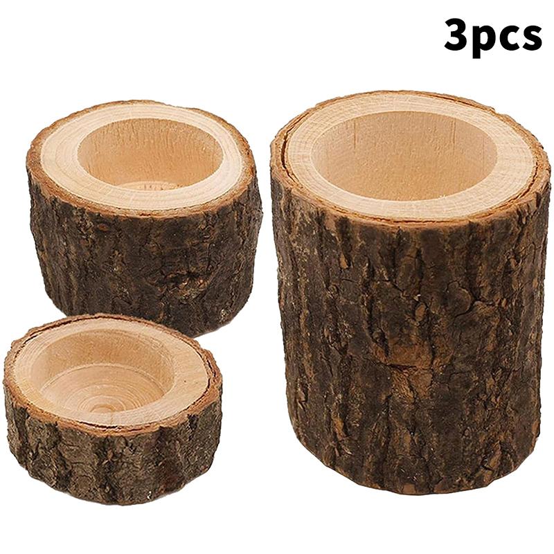 3Pcs Nordic Style Wooden Candlestick Base For Bedroom, Room Candle Decoration, Home Use, Tree Stump Candlestick Ornament