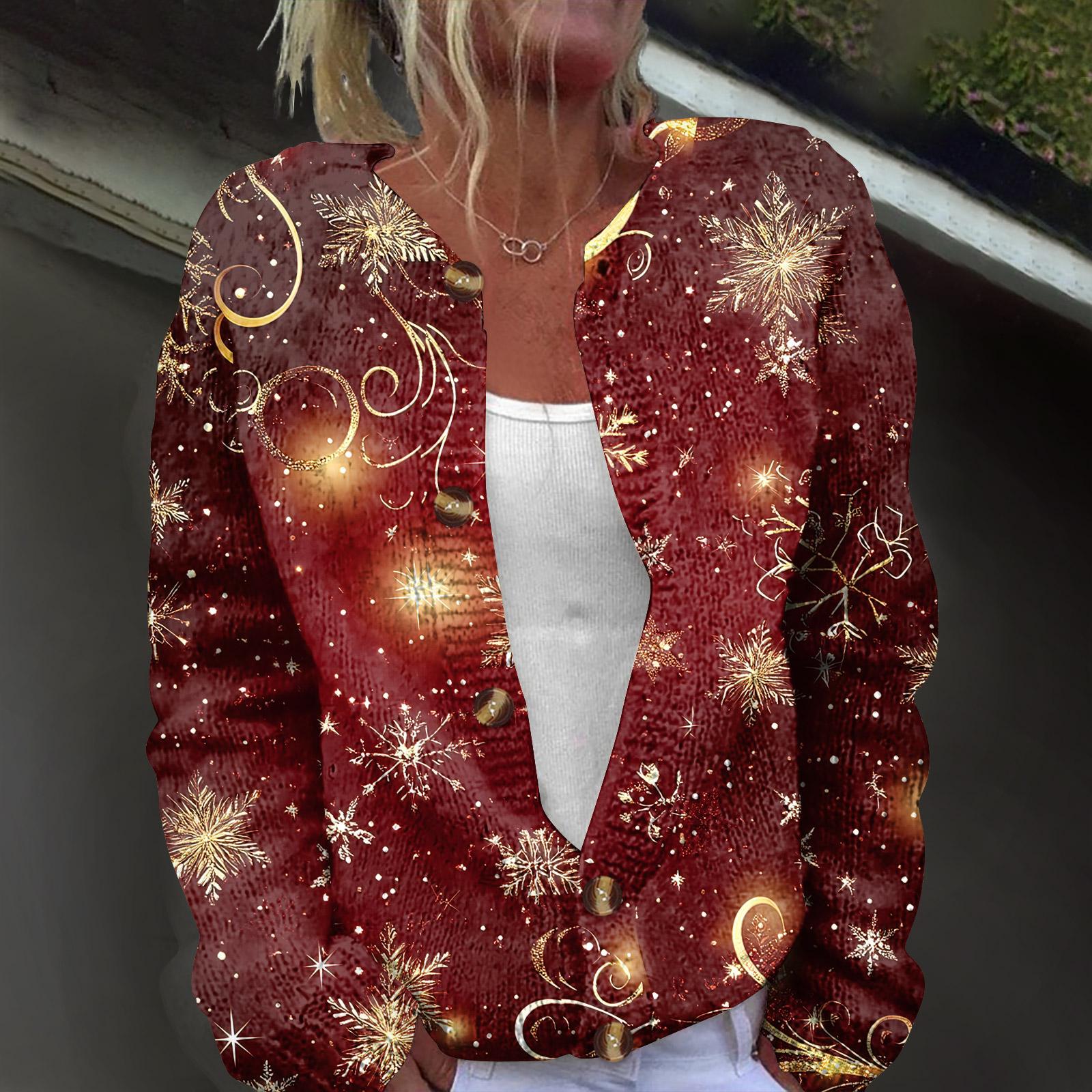 

Женская мода рождественский принт длинный рукав вязаный кардиган пуховик XXL