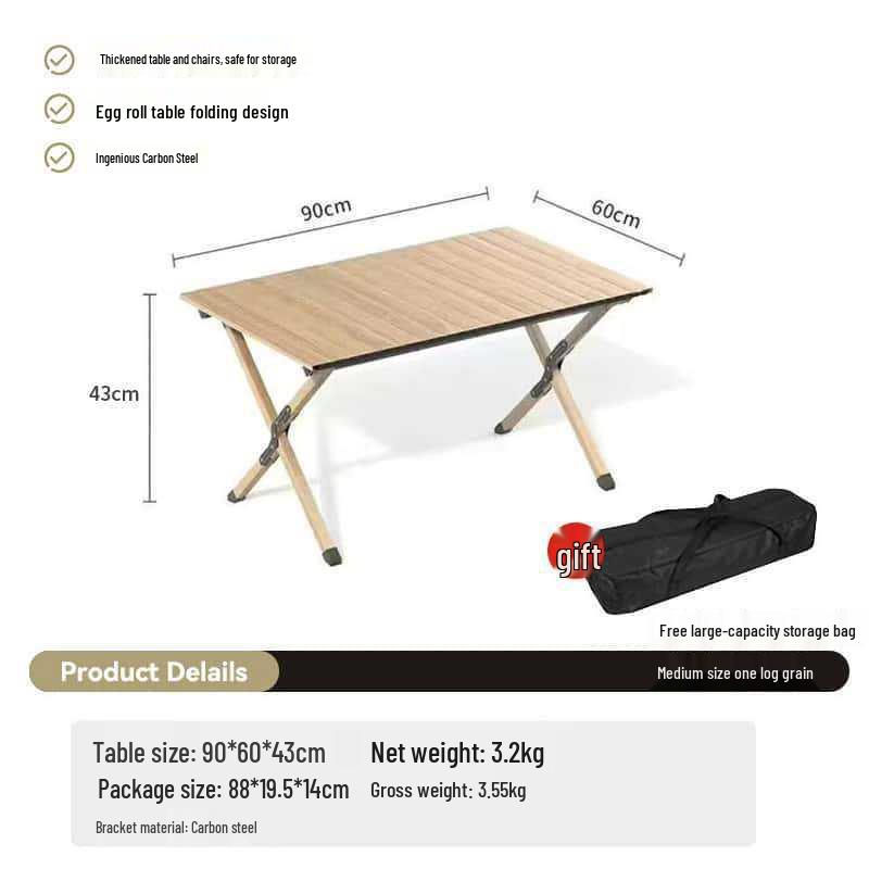 Portable Carbon Steel Roll-Up Camping Table - Foldable BBQ Picnic Dining Table with X-Shaped Legs