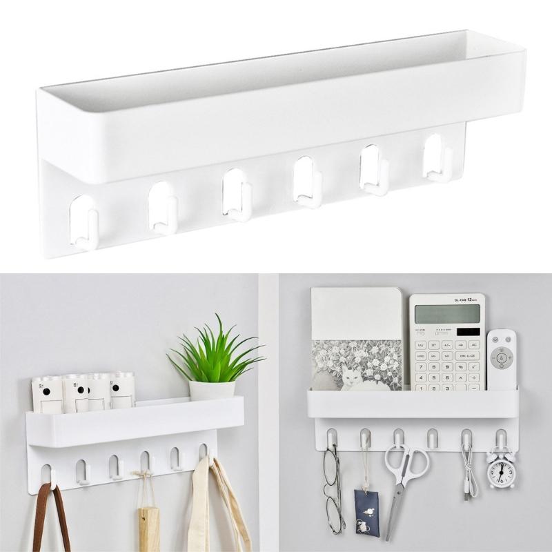 Simple Installation Wall Mounted Rack Organization Holder Storage Shelf with 6 Hook for Keys Towels and Aprons