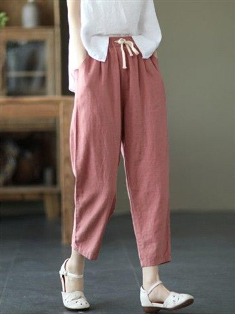 Harajuku Summer High Waist Elastic Women's Cotton Linen Wide Leg Capris Pants for Women Baggy Harem Pants Woman Trousers