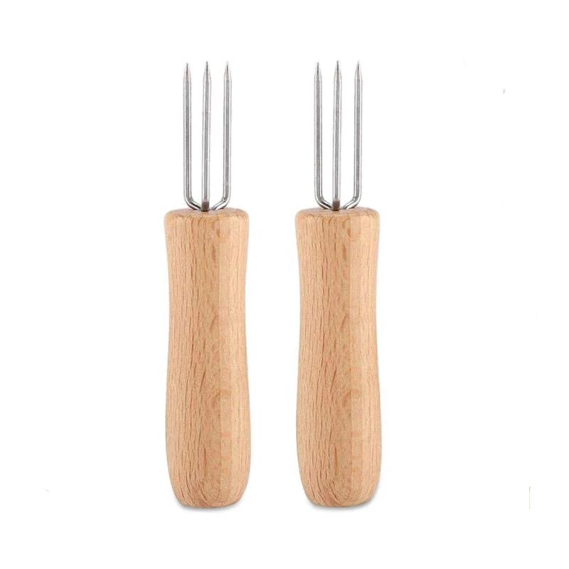Fourchette à maïs en acier inoxydable avec tête de fourchette dure et pointue et manche en bois à prise confortable, outils de barbecue, fourchette à fruits pour pique-nique et cuisine à la maison