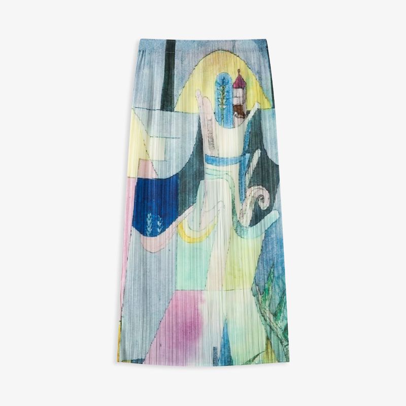 Aozhi State Artistic Sense Abstract Pattern Print Back Slit Pleat Skirt Elastic Waist Straight Midi Dress SW