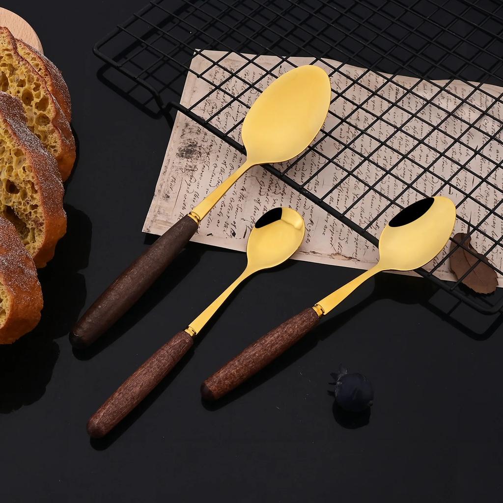 6People Stainless Steel Dinner Gold Imitation Wooden Handle Dinnerware Knife Coffee Spoon Fork Cutlery Set Tableware Silverware