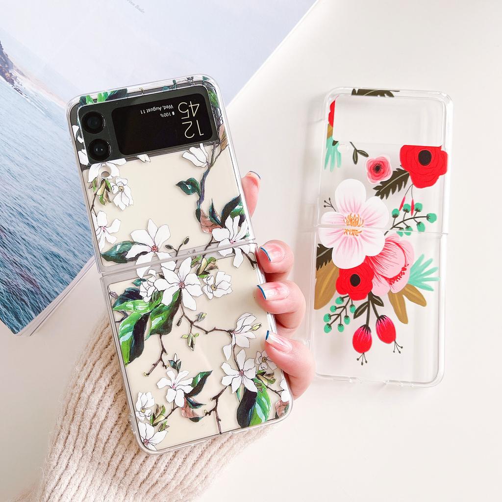For Samsung Galaxy Z Flip 4 3 Case Vintage Flowers Painted Transparent Shockproof Hard Back Cover For Samsung Zflip4 Zflip3 Case
