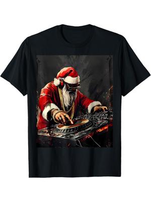 Hip Hop Santa DJ Graphic Tee Men's Short Sleeve Cotton T-Shirt Holiday Party Casual Top