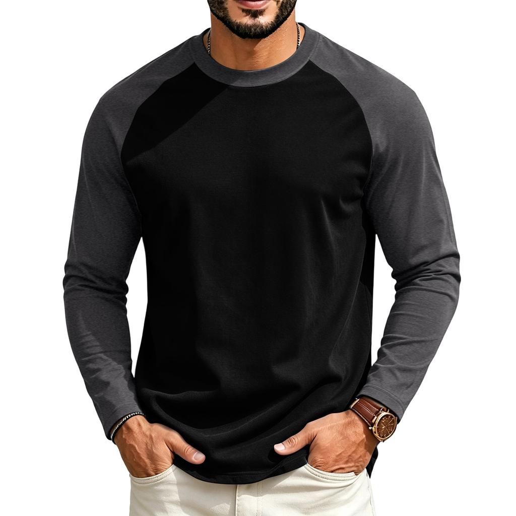 T-shirt da uomo a maniche lunghe raglan, girocollo, vestibilità regular, casual, leggera, tessuto morbido, comoda per l'uso quotidiano