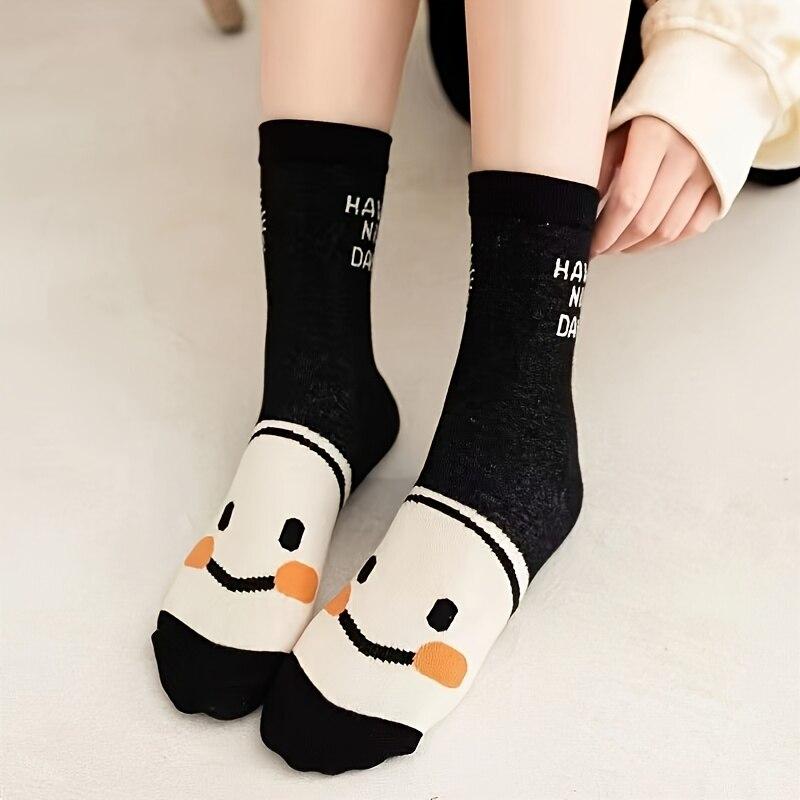 5 Pairs Happy Face Crew Socks , Cartoon Cat Breathable Cotton Mid Tube Socks, Women'S Stockings & Hosiery