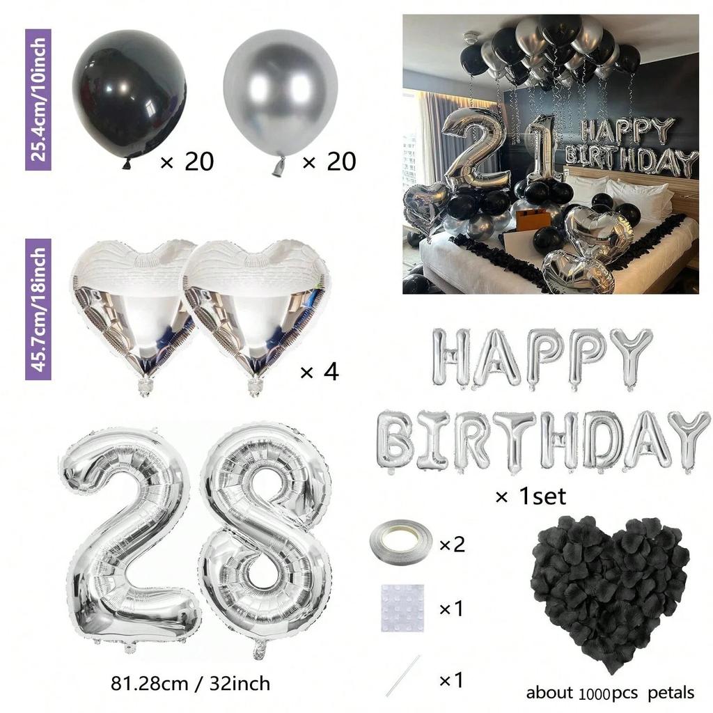 Black Silver Party Birthday Banner Heart-Shaped Aluminum Foil Balloon Rose Petals, Birthday, Anniversary, Atmosphere Decoration