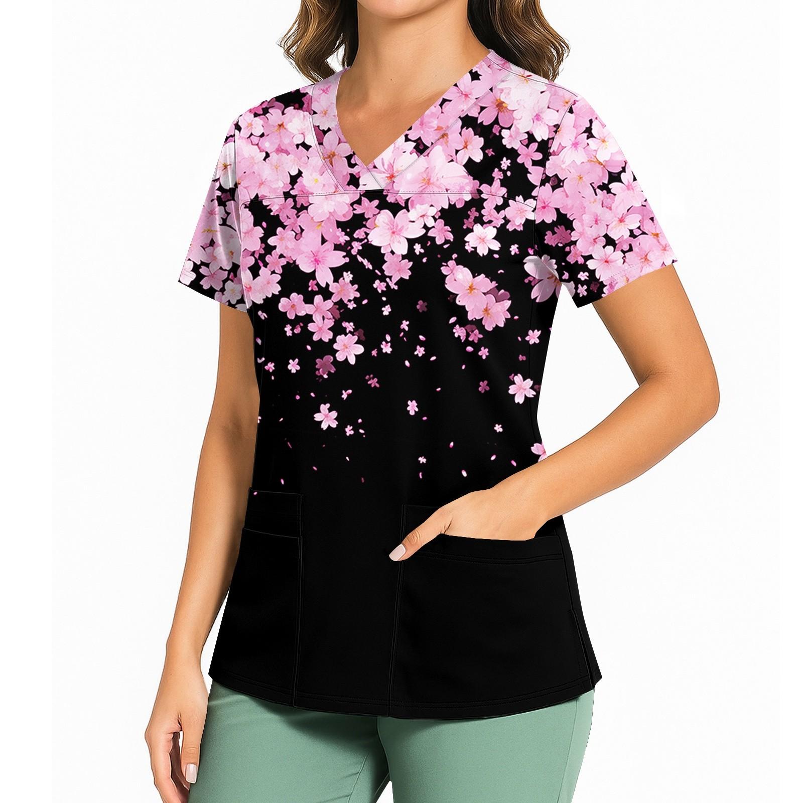 

Женский повседневный топ с принтом, V-образным вырезом, карманом, боковым разрезом и короткими рукавами L чёрный