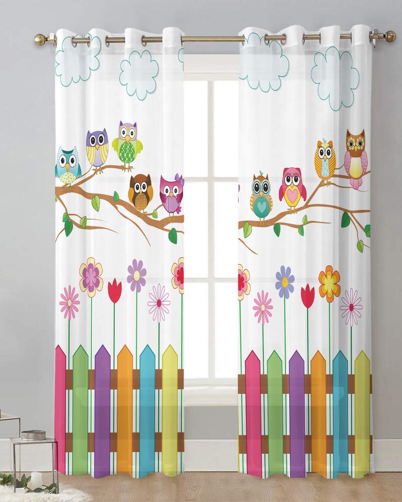 Cartoon Kid Cute Owl Flower Sheer Curtains for Living Room Decoration Window Curtains for Kitchen Tulle Voile Organza Curtains