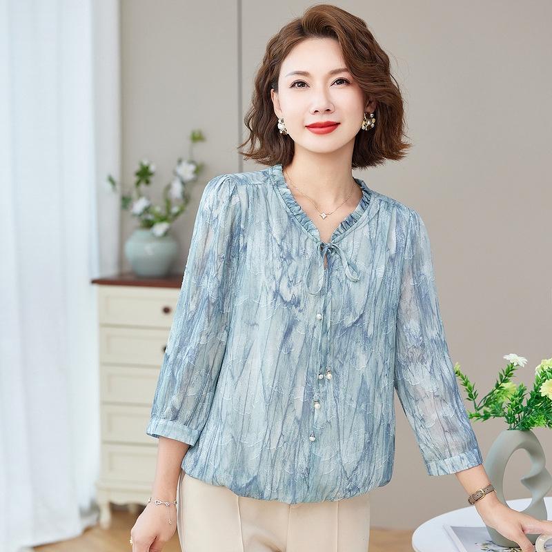 Elegant Chiffon Blouse for Middle-Aged & Elderly Women - Spring/Summer Three-Quarter Sleeve Top L (recommended 43-50 kg) синий