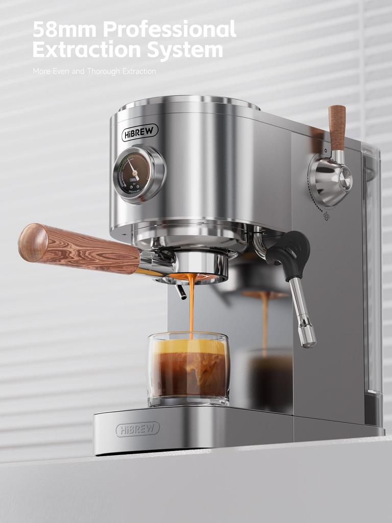 HiBREW H13 Semi-automatic Coffee Machine, Dual Boiler System with 20-Bar Pump Pressure, Multi-function Brewing Modes, Adjustable Drip Tray