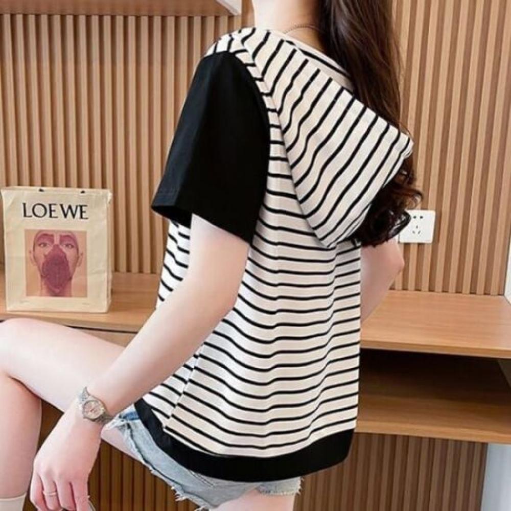 Navava Women 2in1 Hood STripe ShorT Sleeve T shirT nT2478