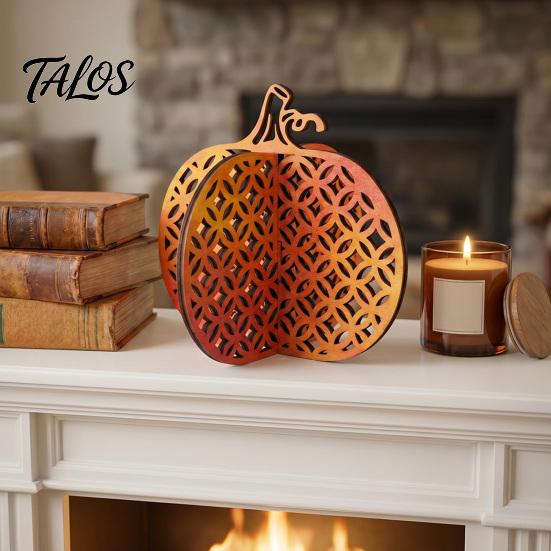 Thanksgiving Seasonal Tabletop Decor Wooden Pumpkin Decor, Vintage Striped Hollow Carved Ornament Halloween Tiered Tray Ornaments for Home Party,