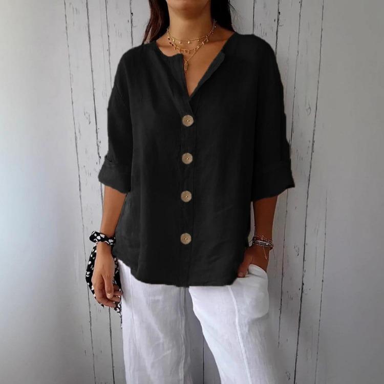 Women Loose V Neck Three Quarter Sleeve Buttoned Plain Shirt Classic Solid Color Commuting Tops T Shirt for Women