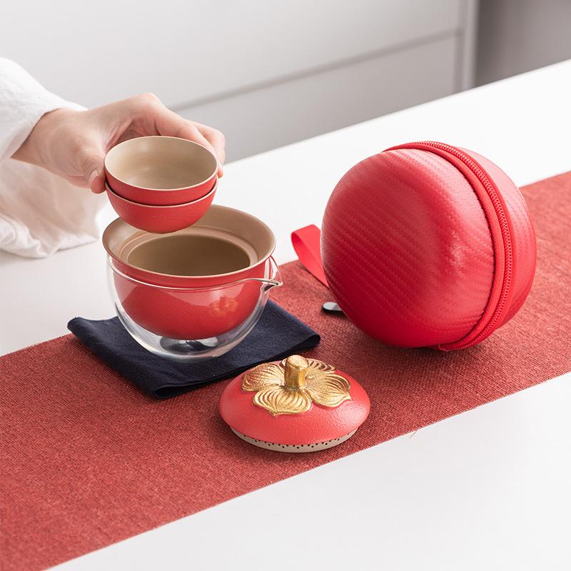 Persimmon Ruyi Travel Tea Set Forbidden City Red Express Cup Portable Storage Brewing Teapot Teacup One Pot Two Cups