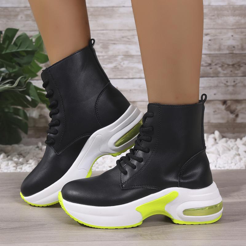 Fashion Fashion Thick Bottom Air Cushion Ankle Boots Women 2025 Winter Round Toe Wedge Heel Lace Up Boots Soft Chunky Platform Booties