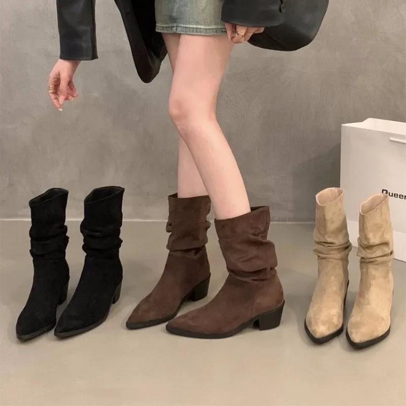 Damenschuhe Frühling und Herbst Wildleder Einzelstiefel Blockabsatz Khaki Neue Französische Damenschuhe