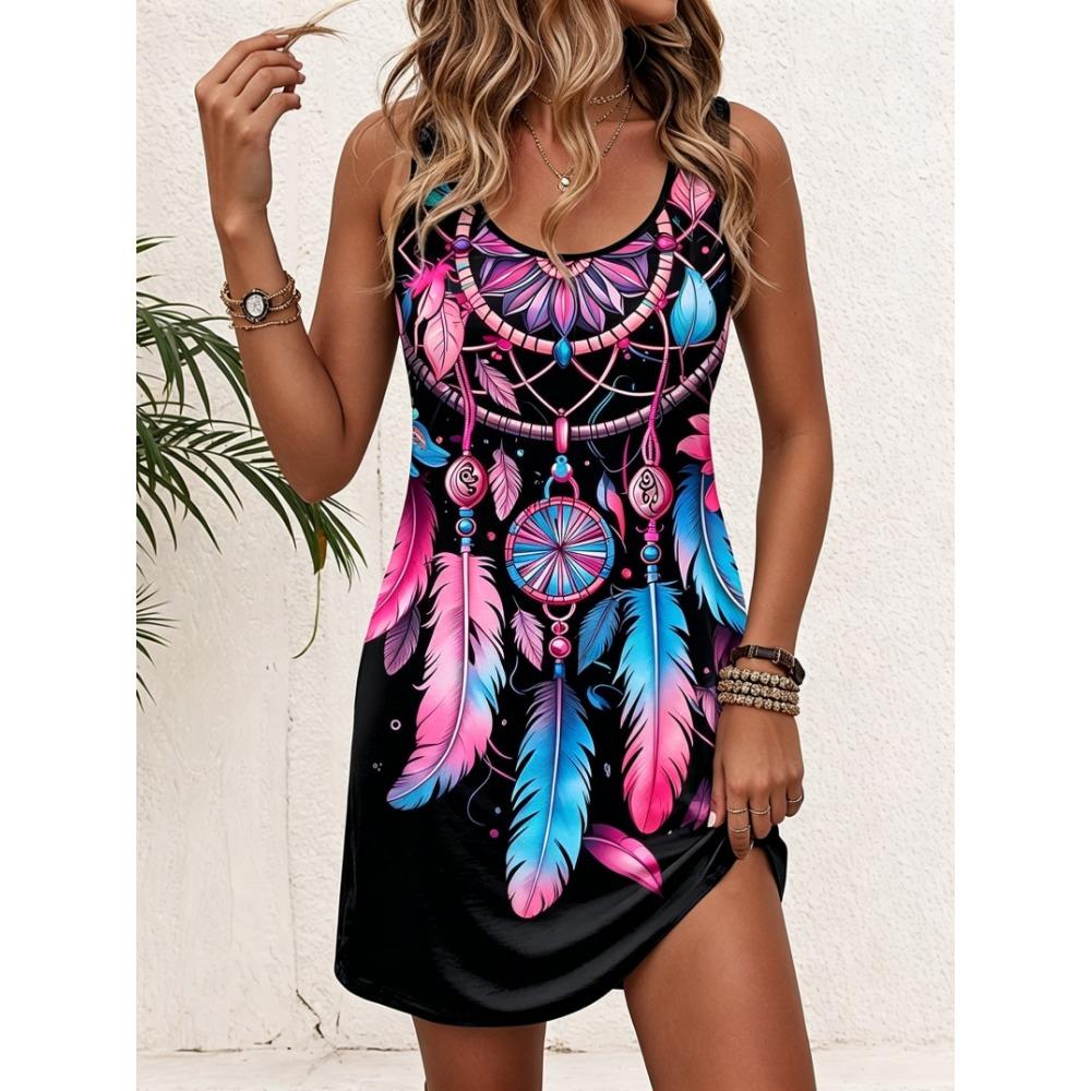Women's Round Neck Sleeveless Tribal Dreamcatcher Print Casual Bodycon Mini Dress Spring Summer