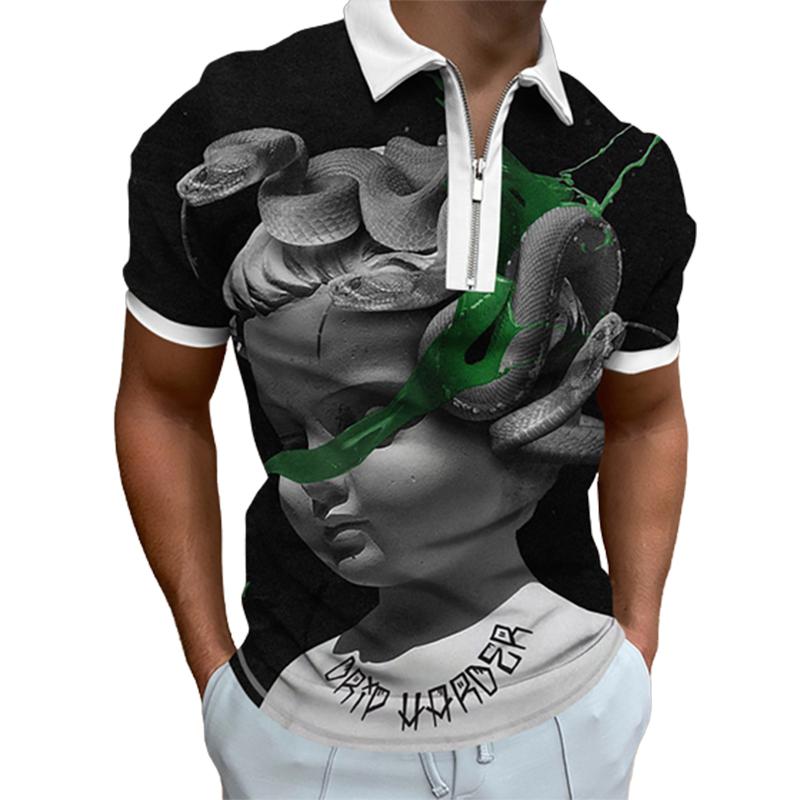 Neformální tričko s klopou Móda pro mladé muže Tričko na zip Tričko s krátkým rukávem Pánské tričko s 3D vícebarevným potiskem