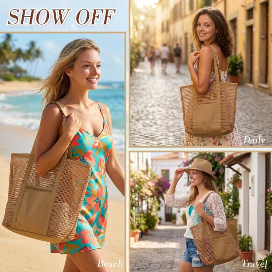 Mesh Beach Tote, Women Shoulder Bag, Sandproof Breathable Beach Bag with Zippered Pocket, Summer Travel Tote Bag for Holiday Daily Use