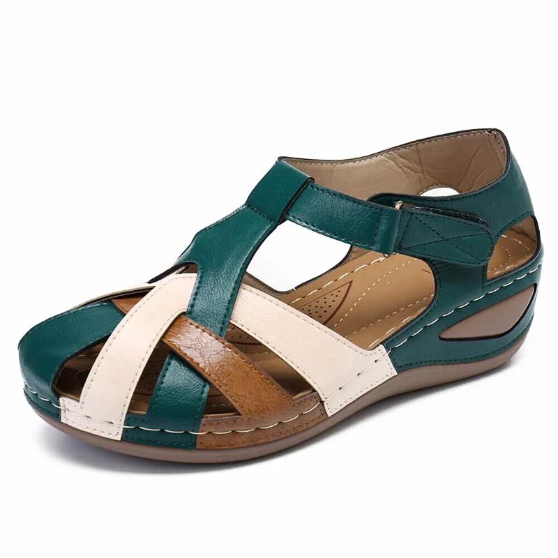 Newly Lollita Orthopedic Plus Sandals PU Leather Retro Arch Support Comfy Round Toe Sandals for Women Toe Protection Design