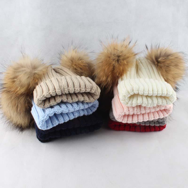 Kids Knitted Beanie Hat With Double Pom Poms Striped Ribbed Cuffed Winter Warm Boys Girls