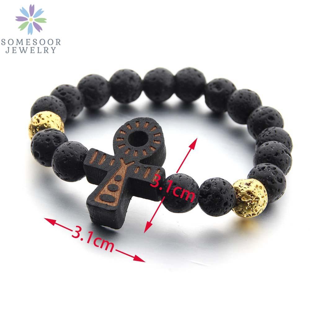SOMESOOR Egyptian Ankh Bracelet Wood African Map Engraved Wristband Lava Stone Beads Ethinic Charms Bangle For Women Men Gifts