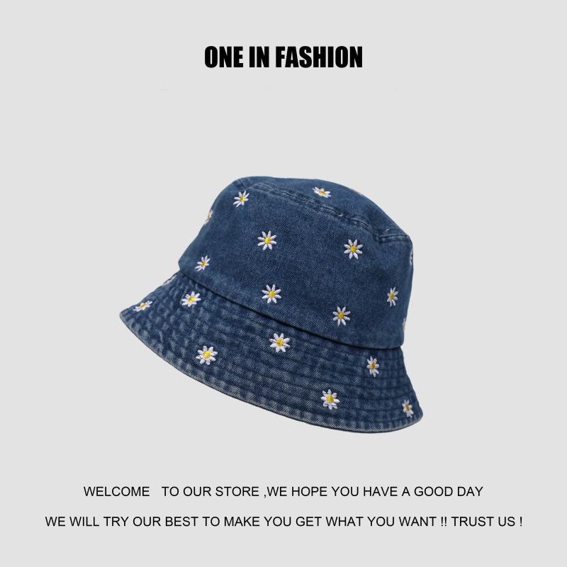 Small Chrysanthemum Embroidered Denim Four Seasons Can Wear Smiley Face Small Face Bucket Hat Women's Sunscreen Sun Hat