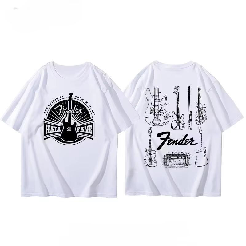Summer Mens TShirt Fender Electric Guitar Band Short Sleeve Boys and Girls Summer Guitarist Clothing Around Printed TShirt