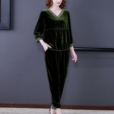 2pcs Pants Suits Autumn Retro Women's V Neck Plus-size Velvet Blouse High-waist Velvet Harem Pants Two-piece Set