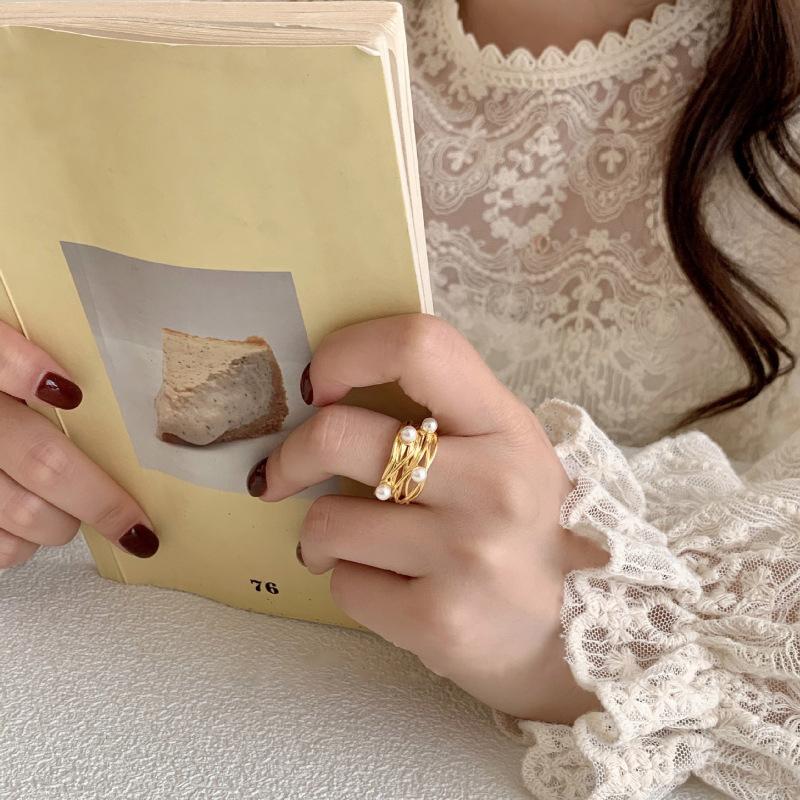 

PANJBJ Silver Color Geometry Pearl Ring For Women Hollowing Out Overlapping Multi-storey Wide Jewelry Gift Dropshipping