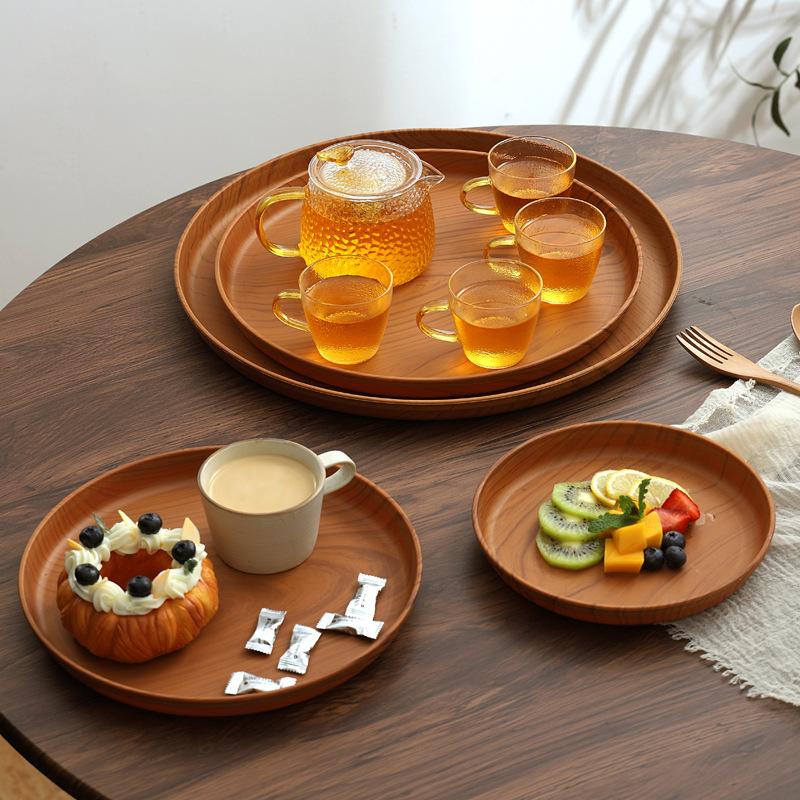 Wood Grain Tray Plastic Household Cup Teacup Tray Round Fruit Tray Commercial Hotel Water Cup Kettle Storage Plate
