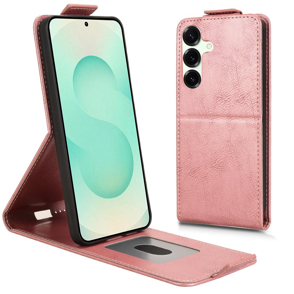 

Чехол-подставка для Samsung Galaxy S25 FE с магнитной застежкой, вертикальный откидной кожаный чехол для телефона с держателем для карт Rose Gold