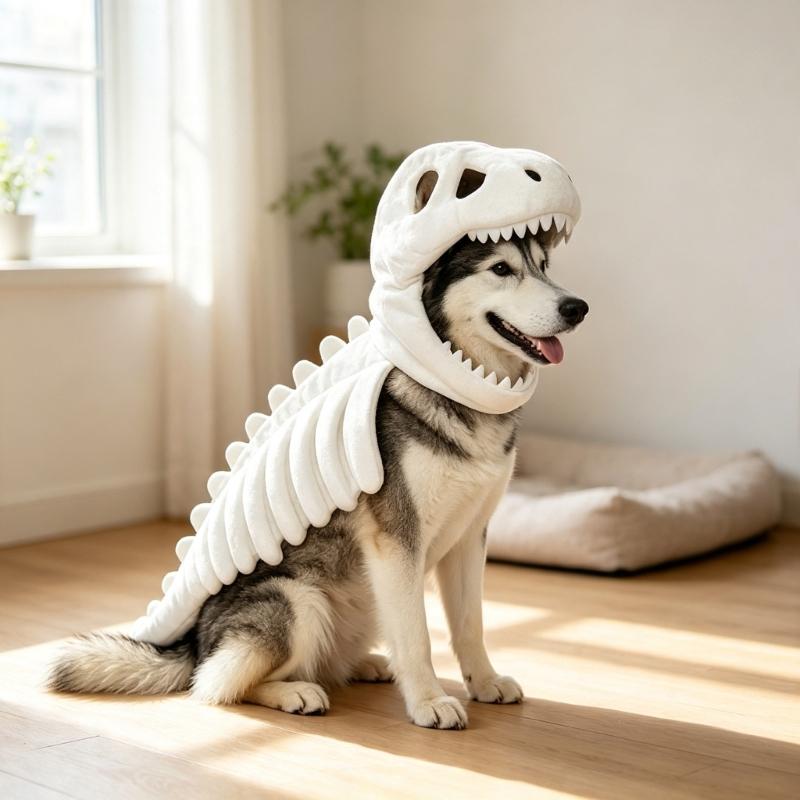 Halloween Dinosaurierskelett Kostüm für Haustiere, Skelettschädel und Rippen Design Outfit mit gepolsterter Wirbelsäule und Schwanz für Hunde und Katzen Cosplay