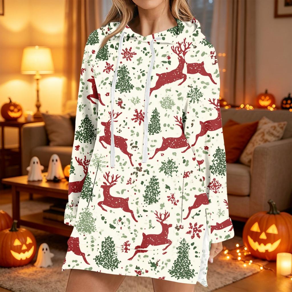 Women's Christmas Print Long Sleeve Hooded Sweatshirt with Festive Holiday Design