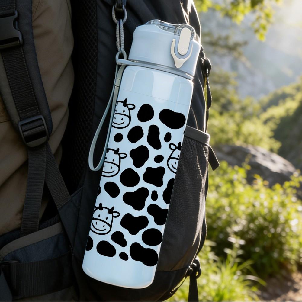 1PC Black White Cow Head Pattern 750ml Color Plastic Sports Water Bottle Leakproof Flip Straw Lid Suitable for Sports Office Home Use