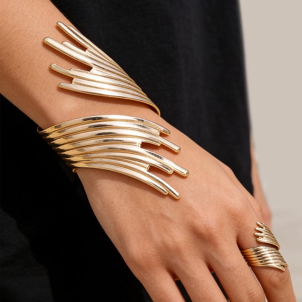 Metal Design Geometric Ladies Open Bracelet Ring Set Exaggerated Punk Temperament Jewelry