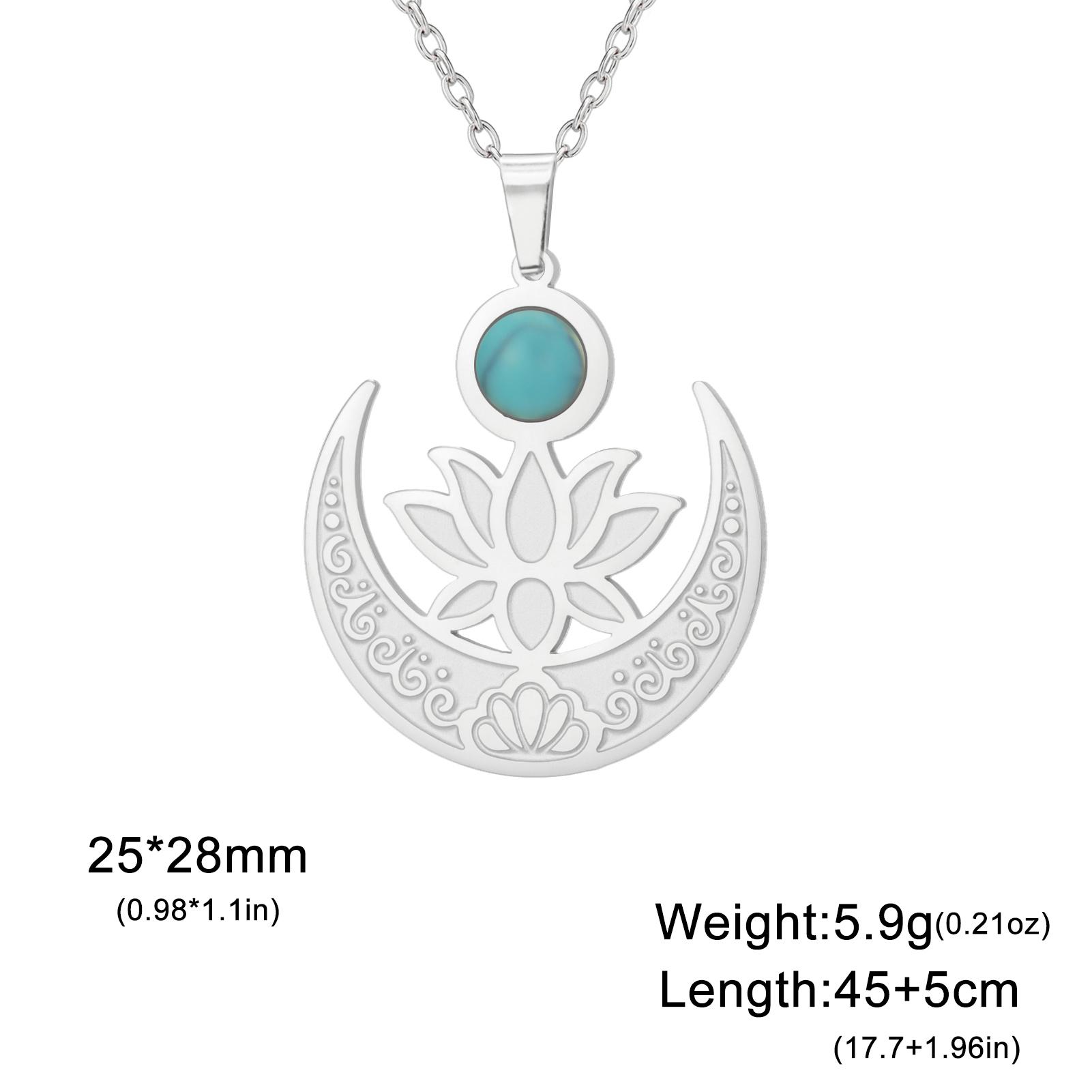 

Teamer Buddhist Lotus Flower Necklace Crescent Moon Turquoise Stainless Steel Necklace for Women Girls Vintage Amulet Jewelry 45-50cm