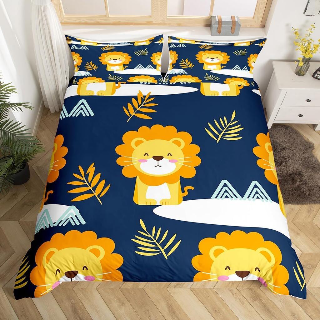 Cute Cartoon Animals Bedding Set TwinKawaii Elephant Lion Print Duvet Cover for Kids Boys Bedroom DecorBoho Trees Quilt Cover