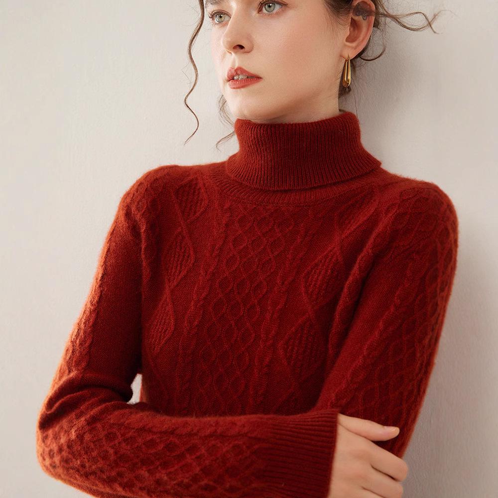 2024 Women's High Neck Cable Knit Cashmere Sweater - Thick, Warm, Short Base Layer for Autumn/Winter