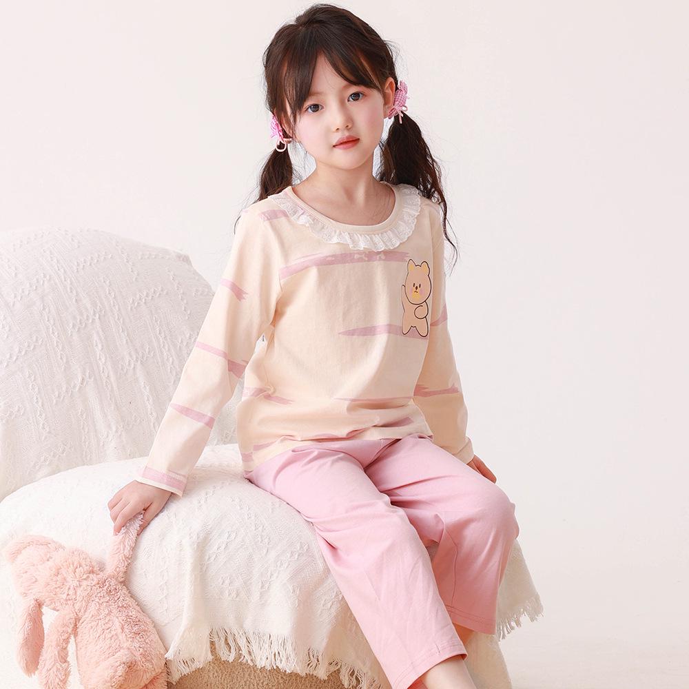 Girls' Summer Cotton Pajama Set - Long Sleeve & Pants, Antibacterial Homewear for Big Kids and Little Girls, Air Conditioning Suit.