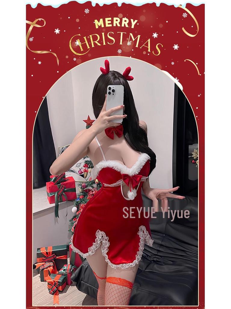 Yiyue Sexy Christmas Lingerie: Women's Temptation Nightdress with Hollow-Out Design - Red 8860