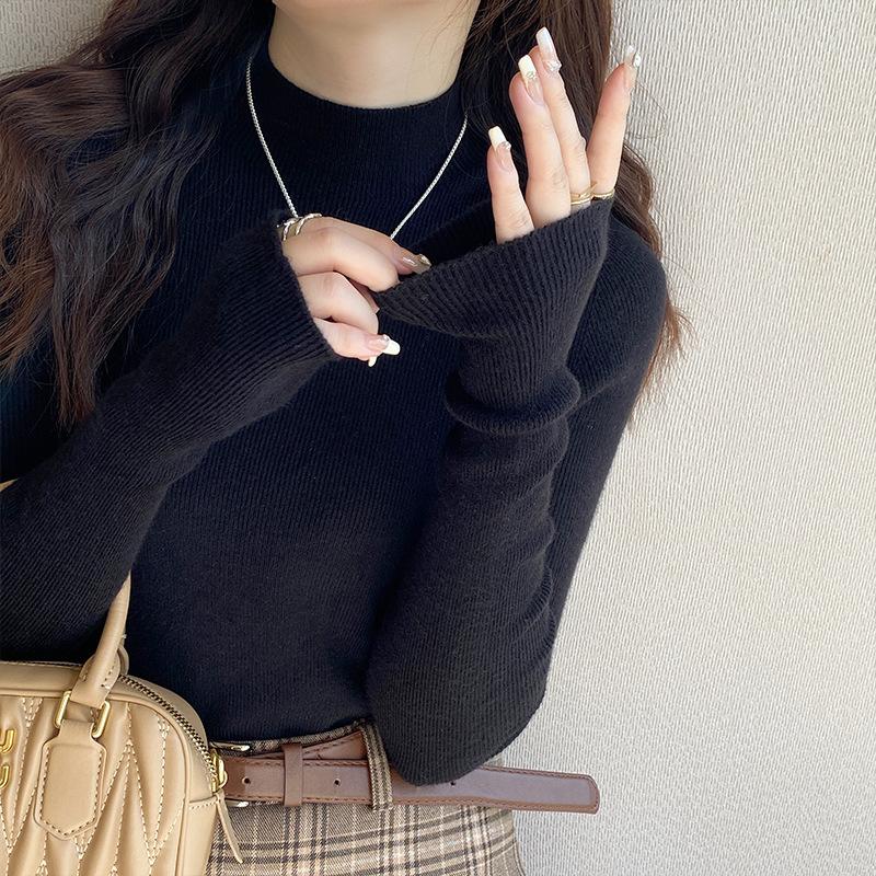 Gray Bottoming Shirt Women's Early Autumn 1116 New Black Knitted Top Inner Cardigan Autumn and Winter Semi-turtleneck Sweater