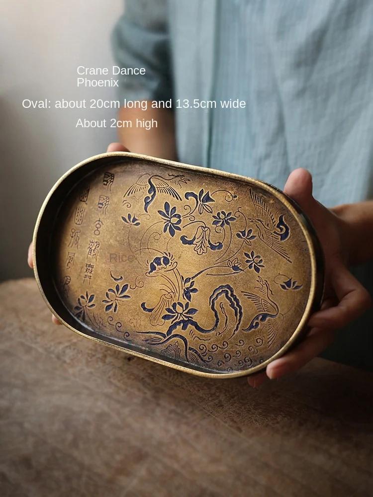 Tea Art Song Style Antique Pure Copper Painted Pot Tray Handmade Brass Pot Mat Copper Tea Tray Dry Teapot Platform Tea Table
