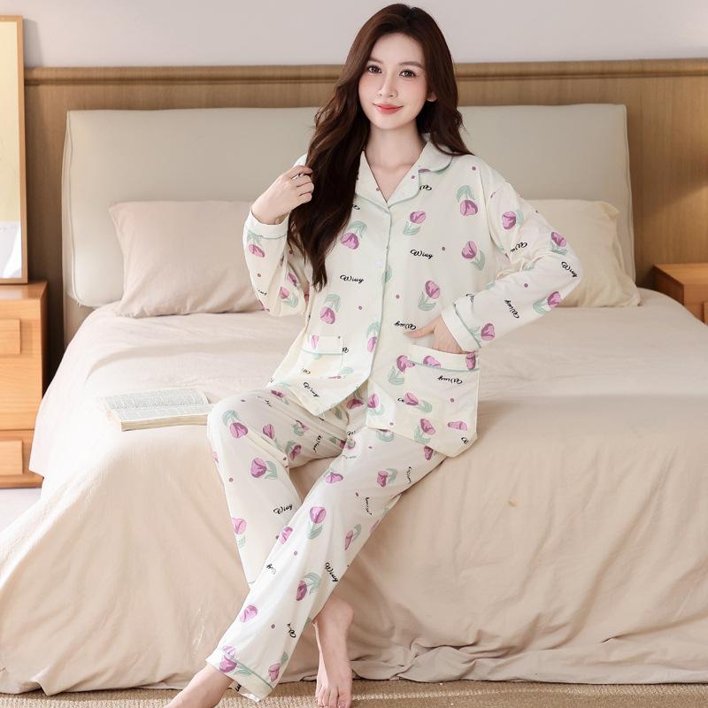 Baumwollimitat Pyjama Damen Frühling und Herbst sanfte Tulpen lange Ärmel große Größe mittel Mutter Loungewear Set