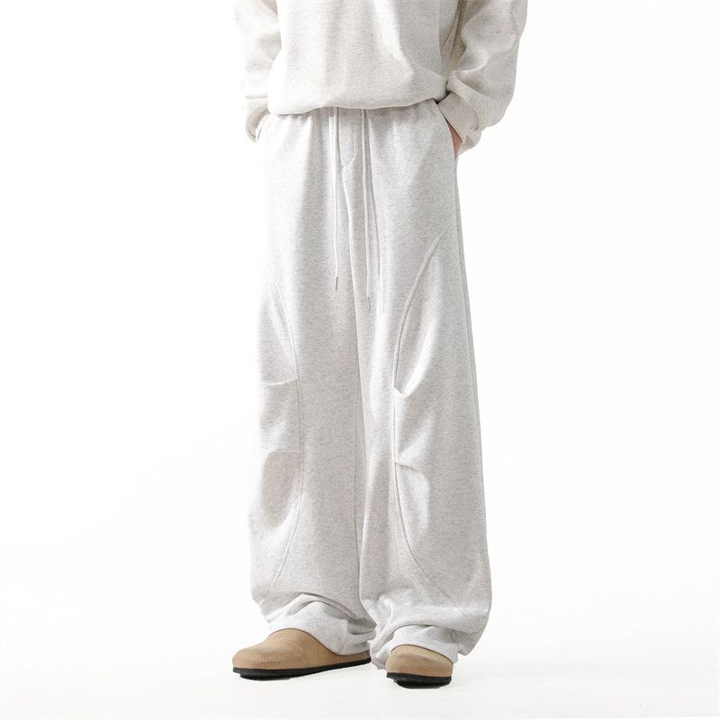 Heavyweight White Pleated Cargo Pants for Men, Winter American-Style Design, Patchwork Wide-Leg Pants, High-Street Versatile Casual Trousers