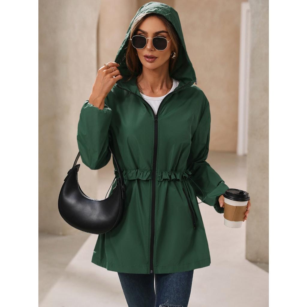 Damen Kapuzenjacke Langarm Lockerer Schnitt Kordelzug in der Taille Wasserdicht Winddicht Outdoor Wanderjacke