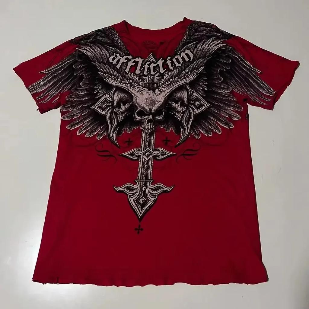 Dark Purple Street Affliction Big wing T shirt Vintage Clothing Punk Hip Hop Graphic Print Oversized tops Men Round Sleeve tee